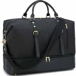 Canvas Overnight Bag Oversized Travel Duffel Leather For Men And Women Weekender Tote (Black-D)