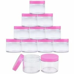 Beauticom 60 Grams/60 ML (2 Oz) Round Clear Leak Proof Plastic Container Jars With Pink Lids For Travel Storage Makeup Cosmetic Lotion Scrubs Creams Oils Salves Ointments (12 Jars)