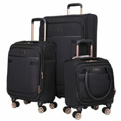 Kensie Women's Hudson Softside 3-Piece Spinner Luggage Set, Black With Rose Gold, (20/24/28)