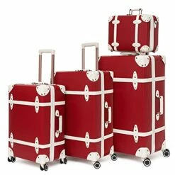 NZBZ Vintage Luggage Sets Of 4 Pieces, Carry On Cute Suitcase With Rolling Spinner Wheels TSA Lock Luggage 14"+20"+24"+28" (Cherry Red)