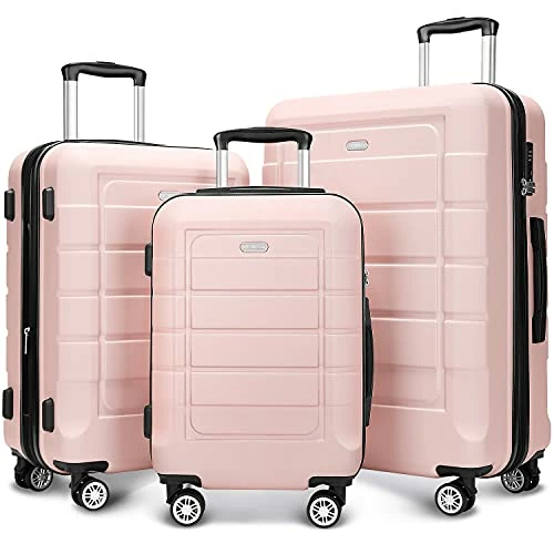 SHOWKOO Luggage Sets Expandable PC+ABS Durable Suitcase Double Wheels TSA Lock Pink 3pcs 3 SHOWKOO Luggage Sets Expandable PC+ABS Durable Suitcase Double Wheels TSA Lock Pink 3pcs
