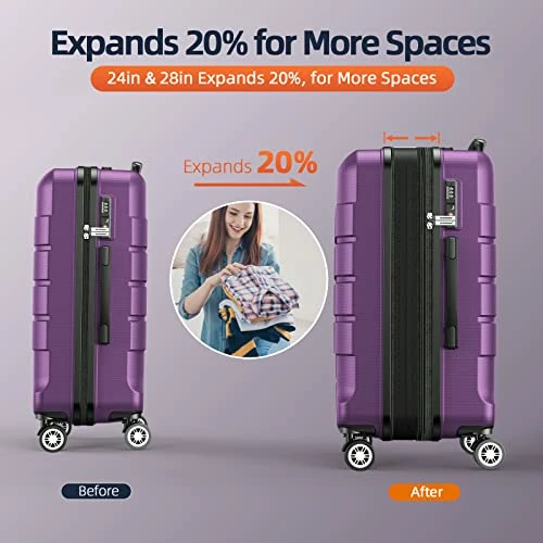 SHOWKOO Luggage Sets Expandable PC+ABS Durable Suitcase Sets Double Wheels TSA Lock 4 Piece Luggage Set Purple 7 SHOWKOO Luggage Sets Expandable PC+ABS Durable Suitcase Sets Double Wheels TSA Lock 4 Piece Luggage Set Purple - Image 5