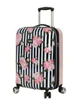 Betsey Johnson Designer 20 Inch Carry On - Expandable (ABS + PC) Hardside Luggage - Lightweight Durable Suitcase With 8-Rolling Spinner Wheels For Women (Stripe Roses)