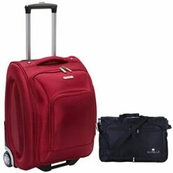 Travelon 18" Wheeled Underseat Bag - Black, With Large 21" Foldable Sporty Duffle Bag (Red)