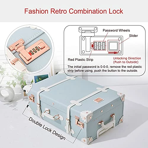 UNIWALKER 2 Piece Vintage Luggage Set 26inch Spinner Trunk With 20inch Carry On Cute Suitcase For Women (Embossed Blue) 7 UNIWALKER 2 Piece Vintage Luggage Set 26inch Spinner Trunk With 20inch Carry On Cute Suitcase For Women (Embossed Blue) - Image 5