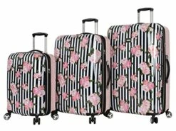 Betsey Johnson Designer Luggage Collection - Expandable 3 Piece Hardside Lightweight Spinner Suitcase Set - Travel Set Includes 20-Inch Carry On, 26 Inch And 30-Inch Checked Suitcase (Stripe Roses)