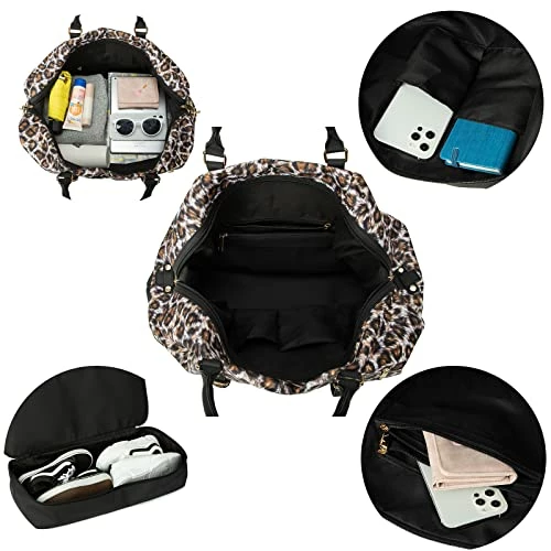 Weekender Overnight Bag Oversized Travel Duffel Leather For Men And Women (Brown Black Leopard Print) 4 Weekender Overnight Bag Oversized Travel Duffel Leather For Men And Women (Brown Black Leopard Print) - Image 2