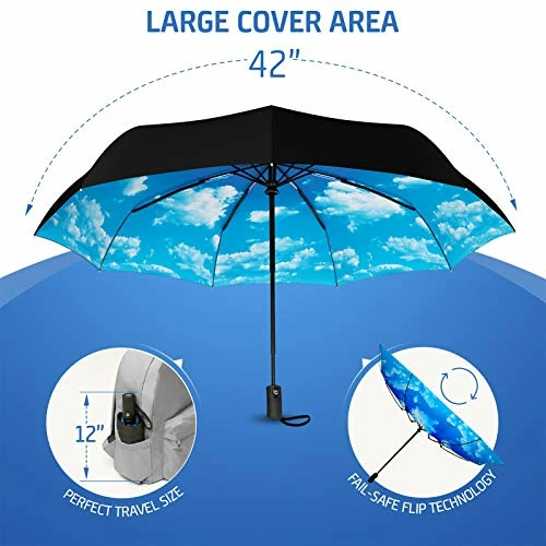 Rain-Mate Compact Travel Umbrella - Pocket Portable Folding Windproof Mini Umbrella - Auto Open And Close Button And 9 Rib Reinforced Canopy (Blue Sky) 9 Rain-Mate Compact Travel Umbrella - Pocket Portable Folding Windproof Mini Umbrella - Auto Open And Close Button And 9 Rib Reinforced Canopy (Blue Sky) - Image 7