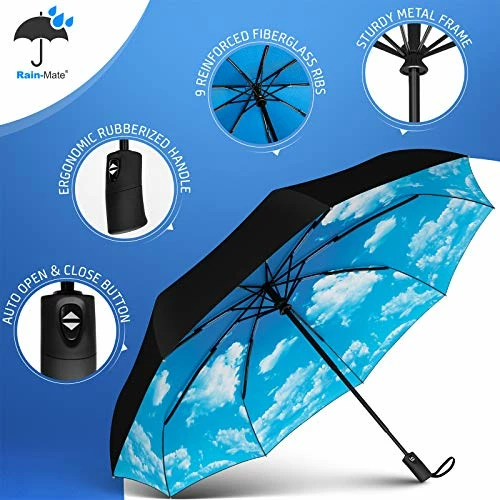 Rain-Mate Compact Travel Umbrella - Pocket Portable Folding Windproof Mini Umbrella - Auto Open And Close Button And 9 Rib Reinforced Canopy (Blue Sky) 10 Rain-Mate Compact Travel Umbrella - Pocket Portable Folding Windproof Mini Umbrella - Auto Open And Close Button And 9 Rib Reinforced Canopy (Blue Sky) - Image 8