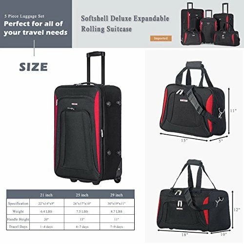 Flieks 5 Piece Luggage Set Deluxe Expandable Rolling Suitcase (black&red) 8 Flieks 5 Piece Luggage Set Deluxe Expandable Rolling Suitcase (black&red) - Image 6