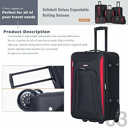 Flieks 5 Piece Luggage Set Deluxe Expandable Rolling Suitcase (black&red) 7 Flieks 5 Piece Luggage Set Deluxe Expandable Rolling Suitcase (black&red) - Image 5