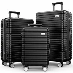 BEOW Expandable Luggage Sets Clearance 3 Piece Hardshell Lightweight PC+ABS Suitcase Spinner Wheels TSA Lock Black