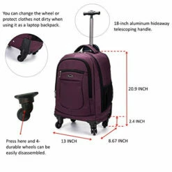 Racini Nylon Waterproof Rolling Backpack, Freewheel Travel Wheeled Backpack, Carry-on Luggage With Anti-Theft Zippers(Purple) -TRAVELPRO Sales 51d1A57clzL