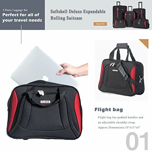 Flieks 5 Piece Luggage Set Deluxe Expandable Rolling Suitcase (black&red) 5 Flieks 5 Piece Luggage Set Deluxe Expandable Rolling Suitcase (black&red) - Image 3