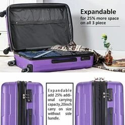 Expandable ABS Durable Suitcase 3 Piece Luggage Sets Lightweight With Double Wheels TSA Lock Spinner, Unisex Adults Teens Home Outddor Carry On Luggage (Purple 20/24/28 Inch) -TRAVELPRO Sales 51qVLSG8XzS