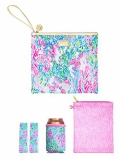 Lilly Pulitzer Water Resistant Vinyl Beach Day Pouch - Includes Drink Hugger, Zip Pouch, And Towel Clips, Best Fishes