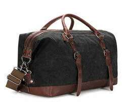 BAOSHA Oversized Canvas PU Leather Travel Tote Duffel Bag Weekender Overnight Bag (Black)