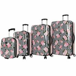 Betsey Johnson 4 Piece Designer Luggage - Expandable (ABS+PC) Hardside Lightweight Spinner Suitcases - Set Includes 15 Inch Underseat Bag, 20 Inch Carry On, 26 & 30 Inch Checked Bags (Stripe Roses)