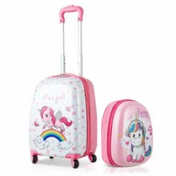HONEY JOY 2Pc Kids Luggage Set, 12'' Backpack & 16'' Rolling Suitcase, Hard Shell Trolley Suitcase With Spinner Wheels, Carry On Luggage Set For Boys And Girls Travel (Unicorn)