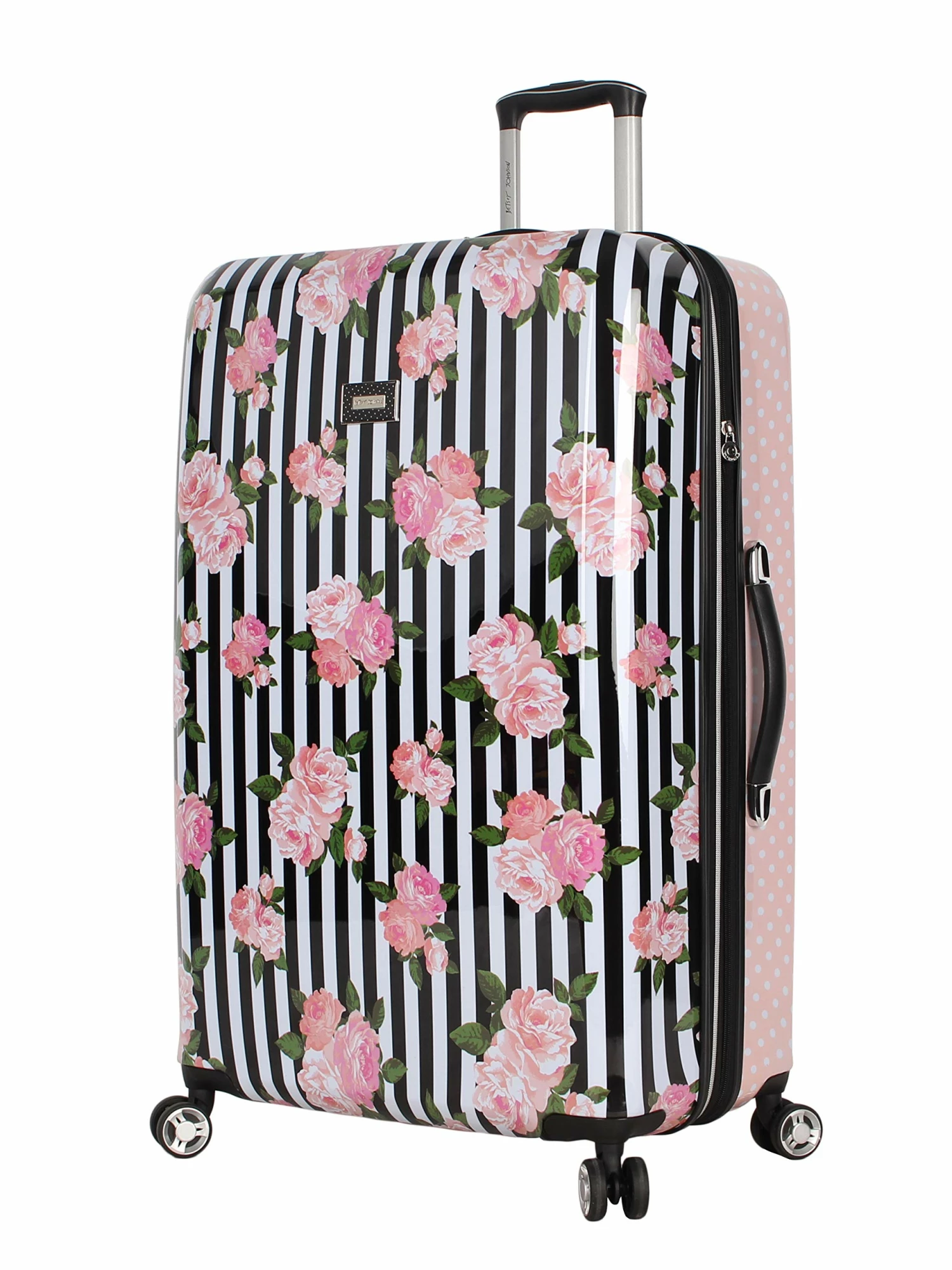 Betsey Johnson 30 Inch Checked Luggage Collection - Expandable Scratch Resistant (ABS + PC) Hardside Suitcase - Designer Lightweight Bag With 8-Rolling Spinner Wheels (Stripe Roses) 3 Betsey Johnson 30 Inch Checked Luggage Collection - Expandable Scratch Resistant (ABS + PC) Hardside Suitcase - Designer Lightweight Bag With 8-Rolling Spinner Wheels (Stripe Roses)