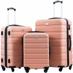 Coolife Luggage 3 Piece Set Suitcase Spinner Hardshell Lightweight TSA Lock 4 Piece Set (Sakura Pink)